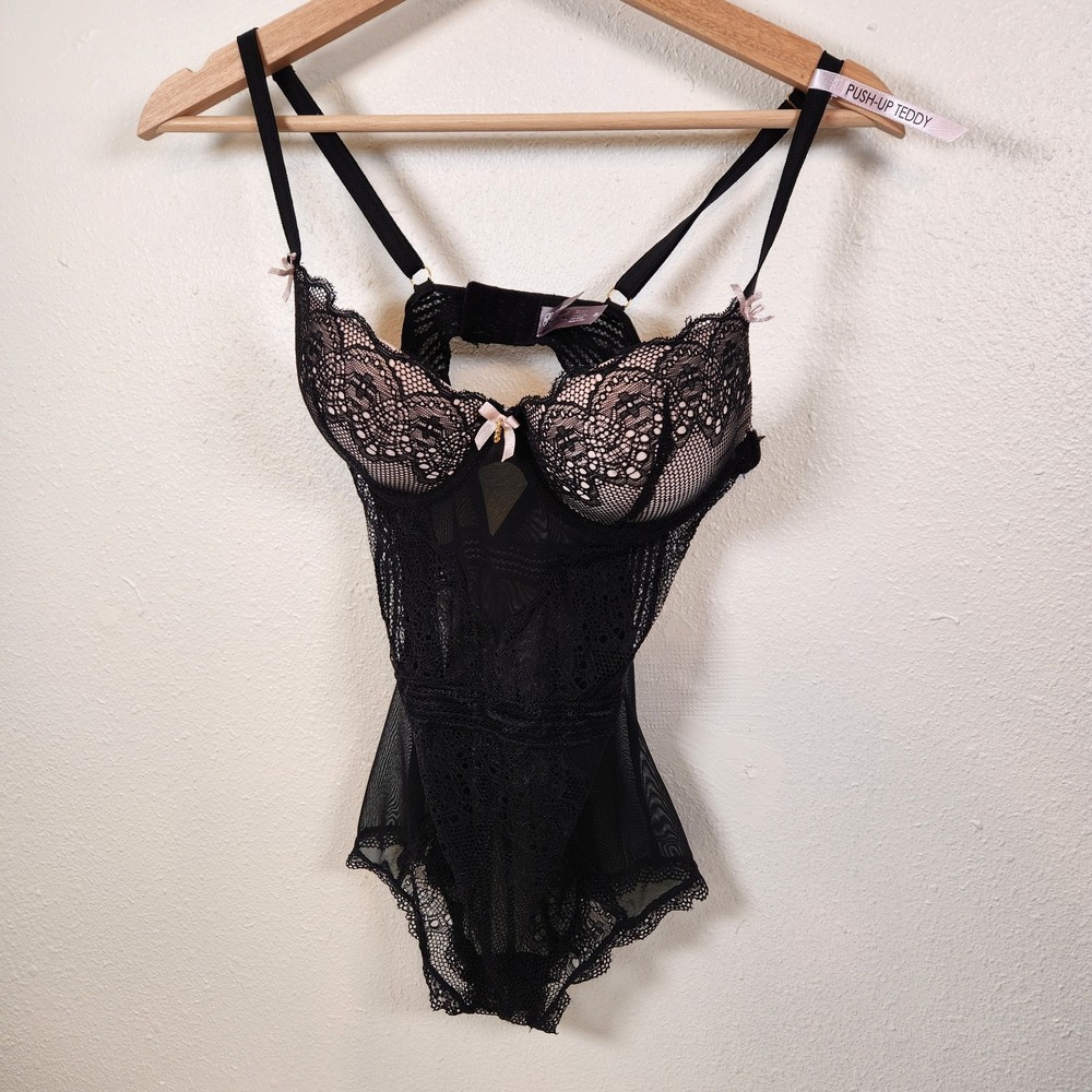 Daisy Fuentes Pushup Lace Babydoll Fairy Bodysuit Pink Black MEDIUM